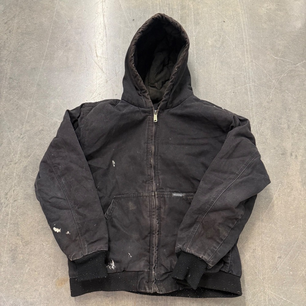 Wolverine Mens Canvas Work Jacket Hooded Distressed Black Carhartt Style Large